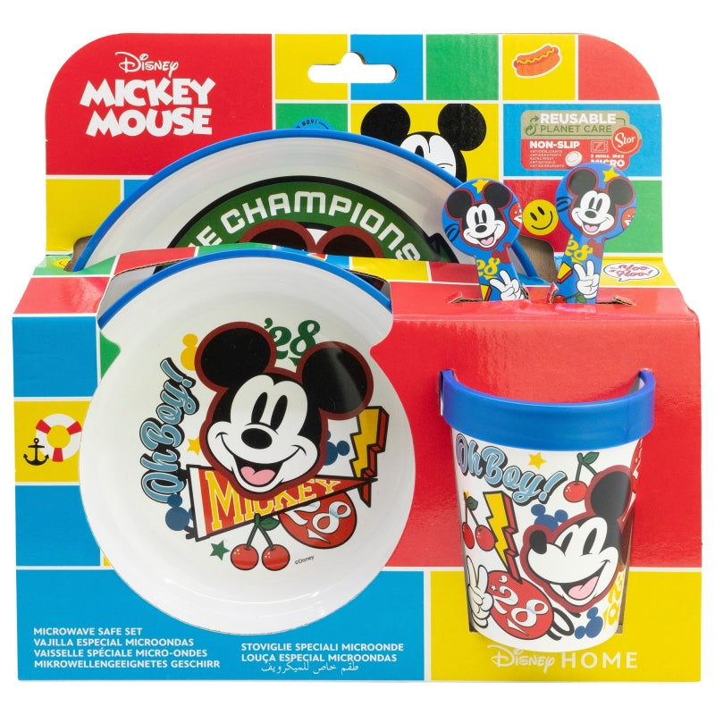 SET 5 PCS ANTIDESLIZANTE (PLATO, CUENCO, VASO Y CUBIERTOS) PREMIUM BICOLOR EN CAJA MICKEY TRUE CHAMPIONS - Imagen 1