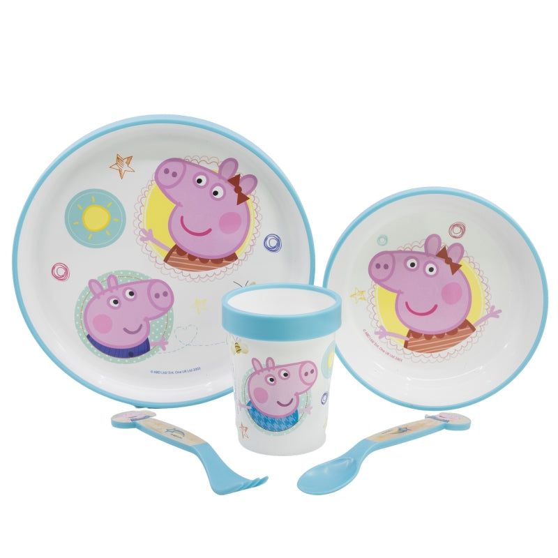 SET 5 PCS ANTIDESLIZANTE (PLATO, CUENCO, VASO Y CUBIERTOS) PREMIUM BICOLOR EN CAJA PEPPA PIG CORE - Imagen 1