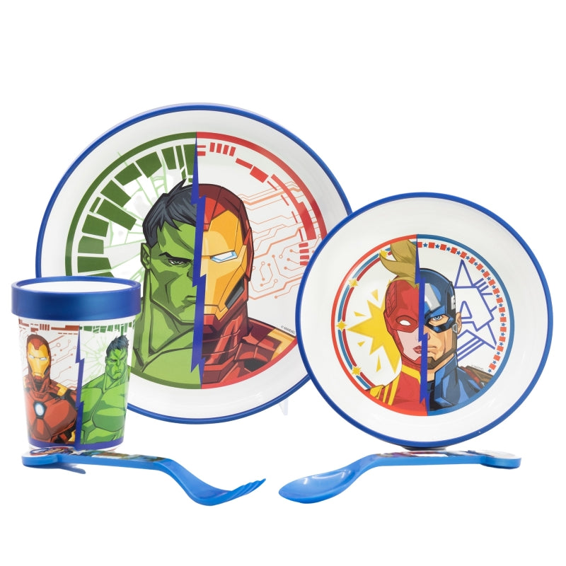 SET 5 PCS ANTIDESLIZANTE PREMIUM BICOLOR (PLATO, CUENCO, VASO 260 ML Y CUBIERTOS) EN CAJA AVENGERS INVINCIBLE FORCE - Imagen 1