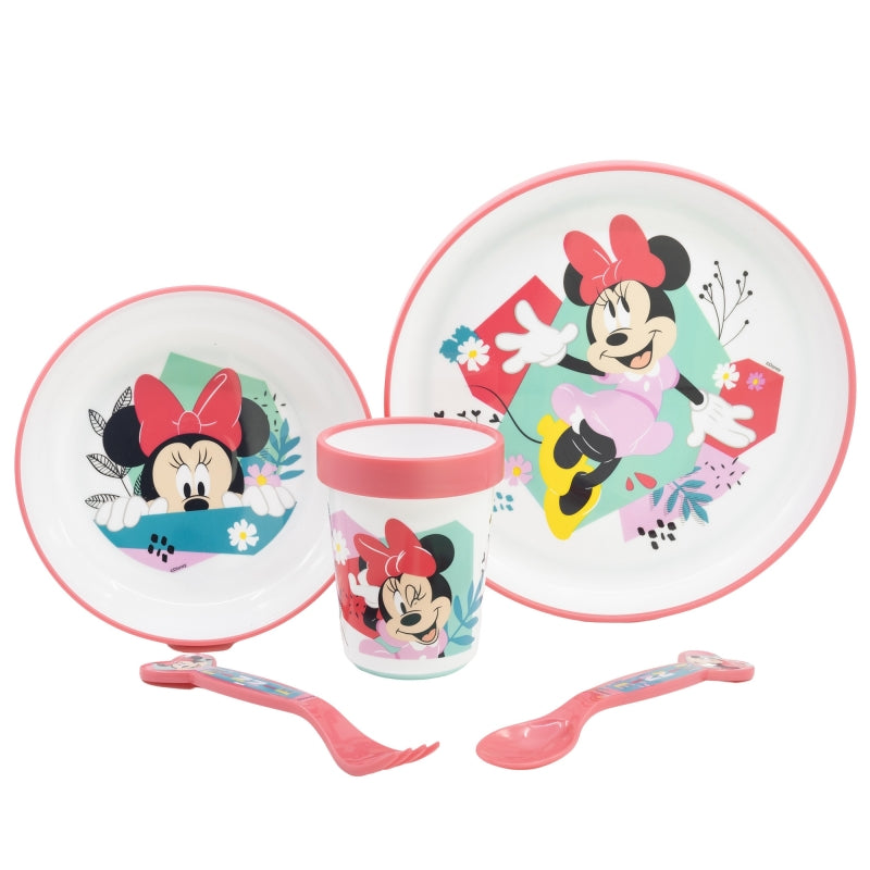 SET 5 PCS ANTIDESLIZANTE PREMIUM BICOLOR (PLATO, CUENCO, VASO 260 ML Y CUBIERTOS) EN CAJA MINNIE MOUSE BEING MORE MINNIE - Imagen 1