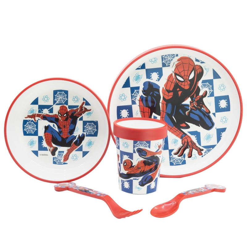 SET 5 PCS ANTIDESLIZANTE PREMIUM BICOLOR (PLATO, CUENCO, VASO 260 ML Y CUBIERTOS) EN CAJA SPIDERMAN ARACHNID GRID - Imagen 1