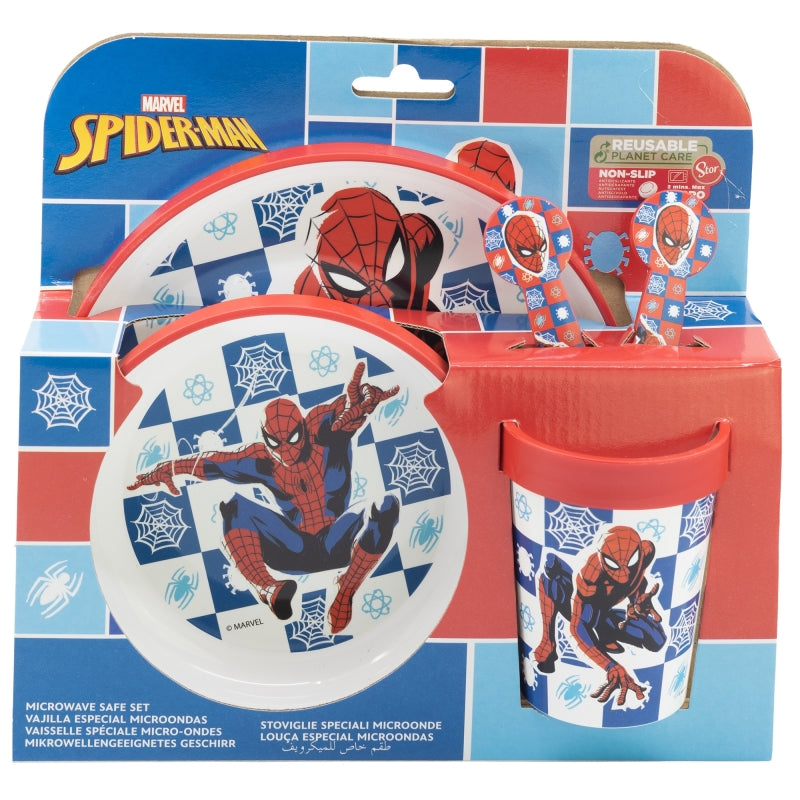 SET 5 PCS ANTIDESLIZANTE PREMIUM BICOLOR (PLATO, CUENCO, VASO 260 ML Y CUBIERTOS) EN CAJA SPIDERMAN ARACHNID GRID - Imagen 2