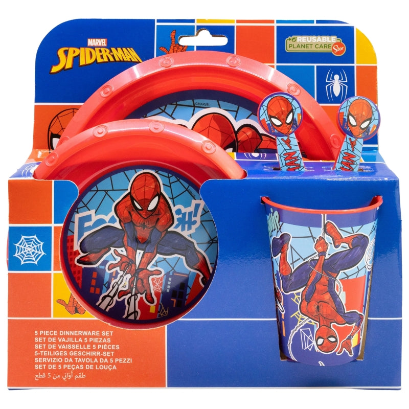 SET EASY 5 PCS (PLATO, CUENCO, VASO Y CUBIERTOS) EN CAJA SPIDERMAN MOB RULES - Imagen 1