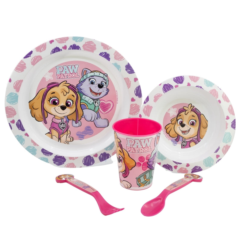 SET MICRO 5 PCS (PLATO, CUENCO, VASO 260 ML Y CUBIERTOS) PAW PATROL GIRL SKETCH ESSENCE - Imagen 1