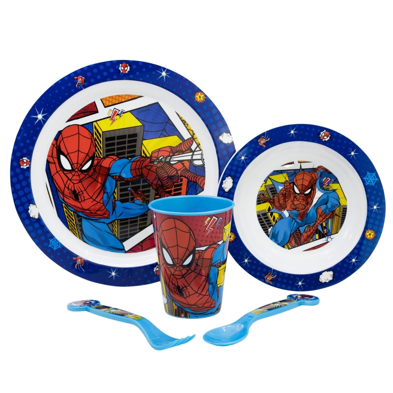 SET MICRO 5 PCS (PLATO, CUENCO, VASO 260 ML Y CUBIERTOS) SPIDERMAN ARACHNID GRID - Imagen 1
