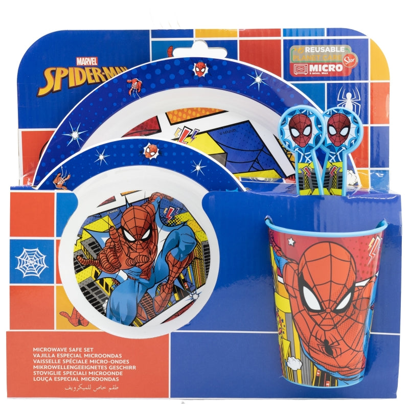 SET MICRO 5 PCS (PLATO, CUENCO, VASO 260 ML Y CUBIERTOS) SPIDERMAN ARACHNID GRID - Imagen 2
