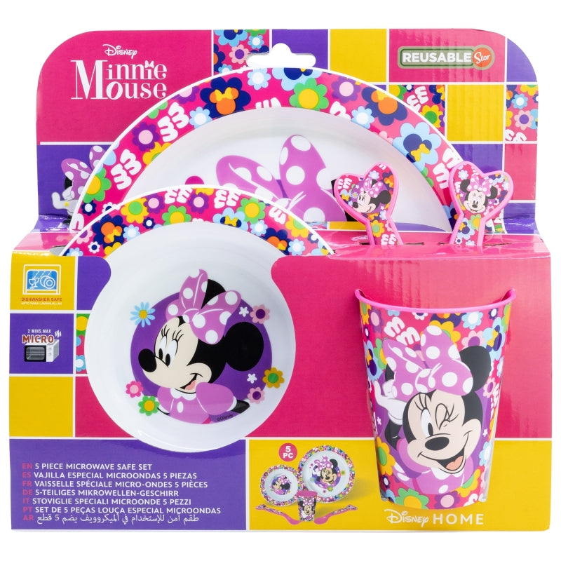 SET MICRO 5 PCS (PLATO, CUENCO, VASO Y CUBIERTOS) EN CAJA MINNIE BOLD FLORALS - Imagen 2