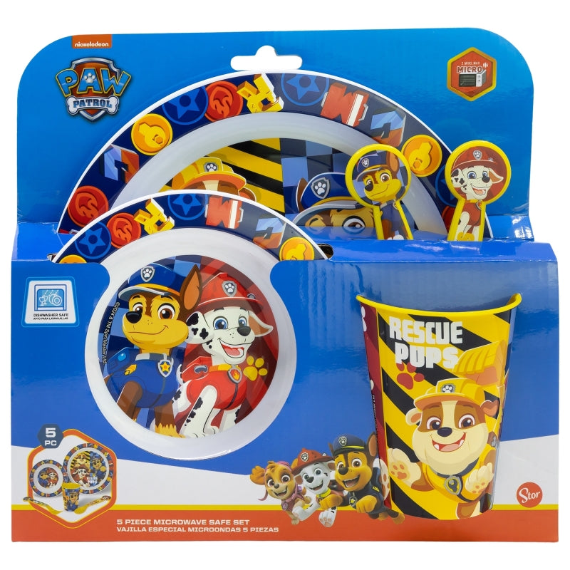 SET MICRO 5 PCS (PLATO, CUENCO, VASO Y CUBIERTOS) EN CAJA PAW PATROL BOY RESCUE PUPS - Imagen 1