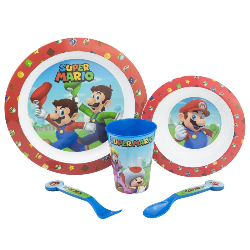 SET MICRO 5 PCS (PLATO, CUENCO, VASO Y CUBIERTOS) EN CAJA SUPER MARIO - Imagen 1