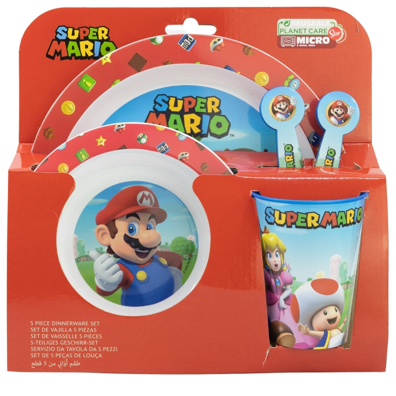 SET MICRO 5 PCS (PLATO, CUENCO, VASO Y CUBIERTOS) EN CAJA SUPER MARIO - Imagen 2