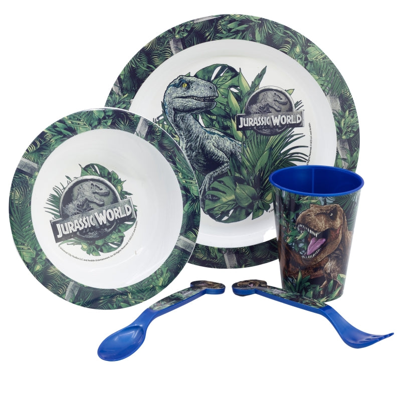 SET MICRO KIDS 5 PCS (PLATO, CUENCO, VASO 260 ML Y CUBIERTOS) JURASSIC WORLD FRANCHISE - Imagen 1