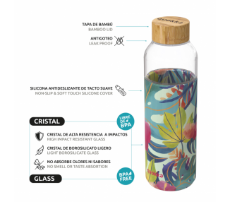 Quokka botella cristal redonda con funda de silicona Tropical 660 ml