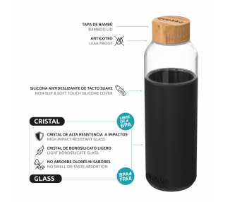 Quokka botella cristal redonda con funda de silicona Black 660 ml