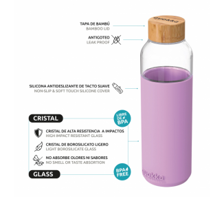 Quokka botella cristal redonda con funda de silicona Lilac 660 ml