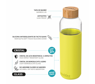 Quokka botella cristal redonda con funda de silicona Neon Green 660 ml