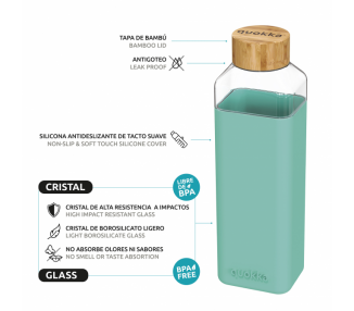 Quokka botella cristal cuadrada con funda de silicona Teal 700 ml