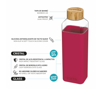 Quokka botella cristal cuadrada con funda de silicona Maroon 700 ml