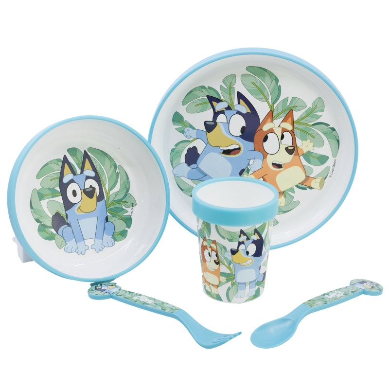 SET 5 PCS ANTIDESLIZANTE (PLATO, CUENCO, VASO Y CUBIERTOS) PREMIUM BICOLOR EN CAJA BLUEY - Imagen 1