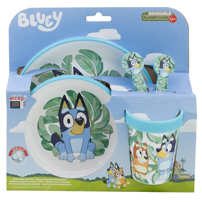 SET 5 PCS ANTIDESLIZANTE (PLATO, CUENCO, VASO Y CUBIERTOS) PREMIUM BICOLOR EN CAJA BLUEY - Imagen 2