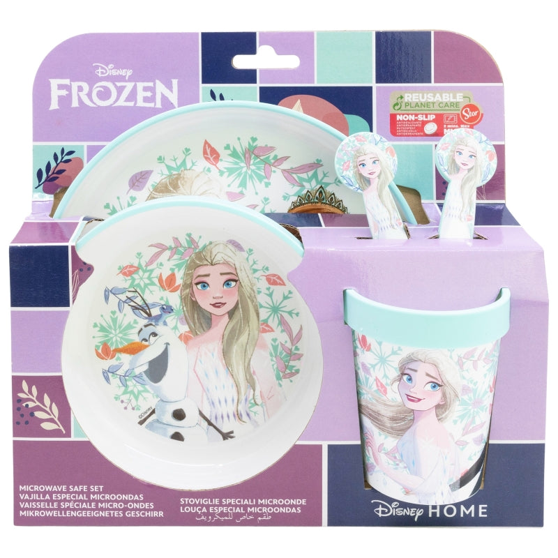 SET 5 PCS ANTIDESLIZANTE (PLATO, CUENCO, VASO Y CUBIERTOS) PREMIUM BICOLOR EN CAJA FROZEN SNOWY TALE - Imagen 1