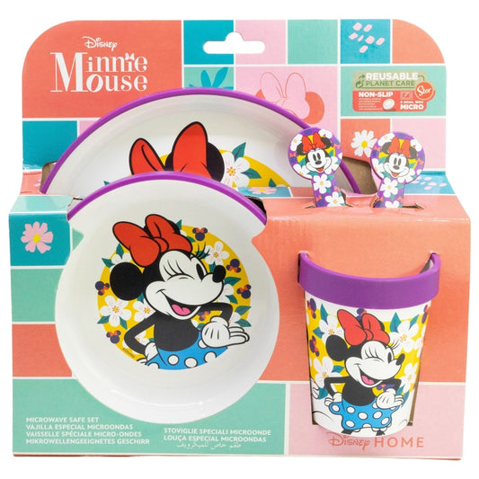 SET 5 PCS ANTIDESLIZANTE (PLATO, CUENCO, VASO Y CUBIERTOS) PREMIUM BICOLOR EN CAJA MINNIE SUNSHINE - Imagen 1