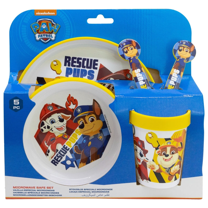 SET 5 PCS ANTIDESLIZANTE (PLATO, CUENCO, VASO Y CUBIERTOS) PREMIUM BICOLOR EN CAJA PAW PATROL BOY RESCUE PUPS - Imagen 1