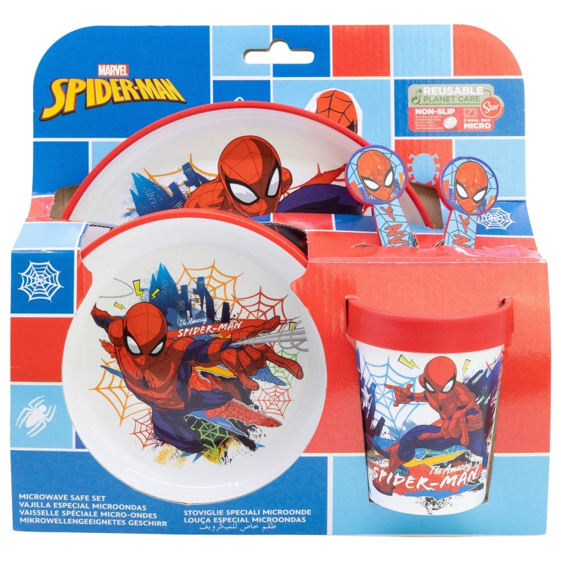 SET 5 PCS ANTIDESLIZANTE (PLATO, CUENCO, VASO Y CUBIERTOS) PREMIUM BICOLOR EN CAJA SPIDERMAN MOVING TARGET - Imagen 1