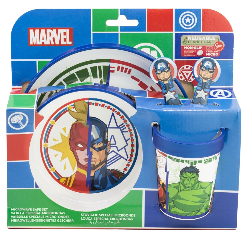 SET 5 PCS ANTIDESLIZANTE PREMIUM BICOLOR (PLATO, CUENCO, VASO 260 ML Y CUBIERTOS) EN CAJA AVENGERS INVINCIBLE FORCE - Imagen 2