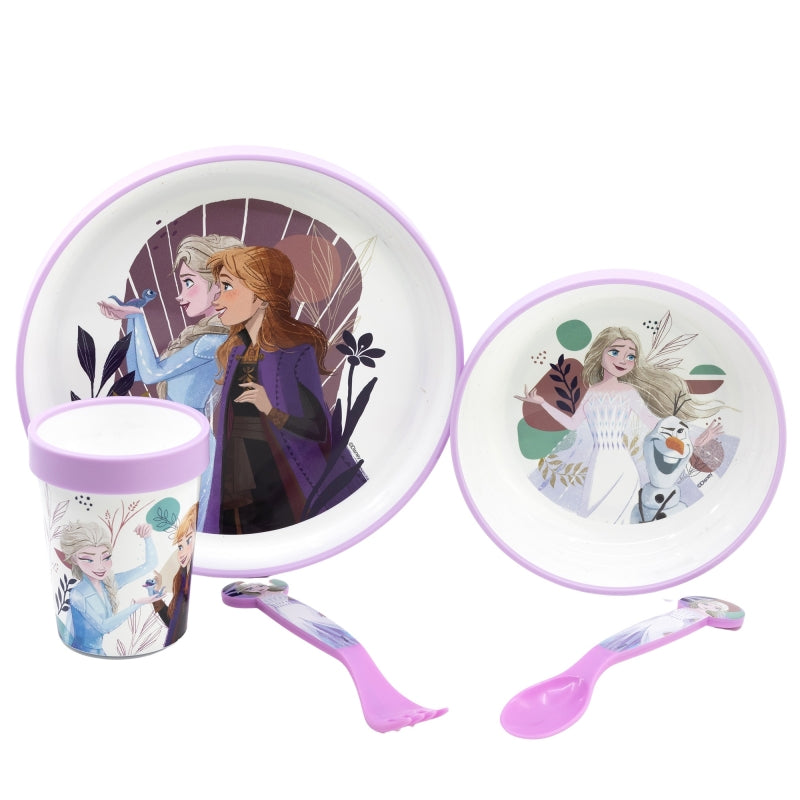 SET 5 PCS ANTIDESLIZANTE PREMIUM BICOLOR (PLATO, CUENCO, VASO 260 ML Y CUBIERTOS) EN CAJA FROZEN TRUST THE JOURNEY - Imagen 1