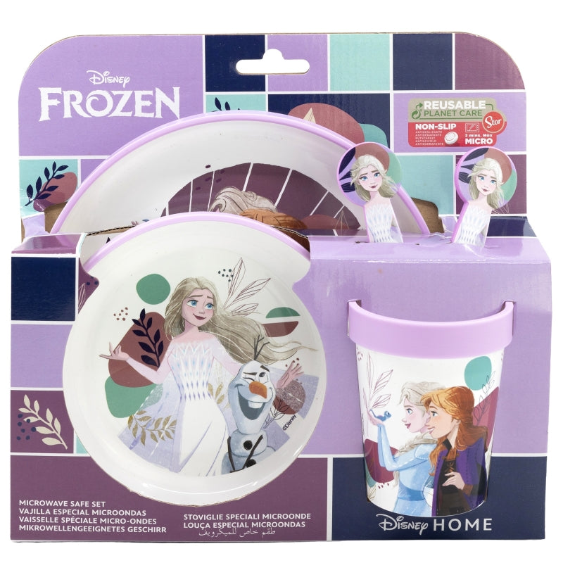 SET 5 PCS ANTIDESLIZANTE PREMIUM BICOLOR (PLATO, CUENCO, VASO 260 ML Y CUBIERTOS) EN CAJA FROZEN TRUST THE JOURNEY - Imagen 2