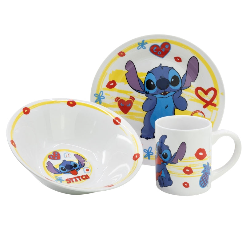 SET MERIENDA CERAMICA (PLATO, CUENCO, TAZA) EN CAJA DE REGALO 3 PCS STITCH ALOHA - Imagen 1