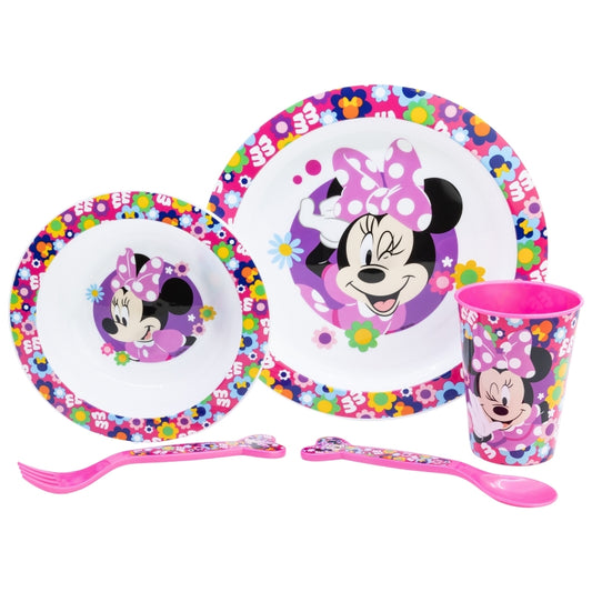 SET MICRO 5 PCS (PLATO, CUENCO, VASO Y CUBIERTOS) EN CAJA MINNIE BOLD FLORALS - Imagen 1