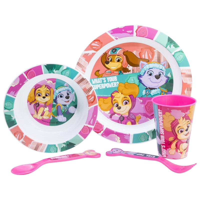 SET MICRO 5 PCS (PLATO, CUENCO, VASO Y CUBIERTOS) EN CAJA PAW PATROL GIRL SUPERPOWERS - Imagen 1