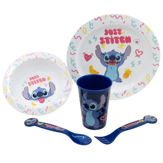 SET MICRO 5 PCS (PLATO, CUENCO, VASO Y CUBIERTOS) EN CAJA STITCH PALMS - Imagen 1