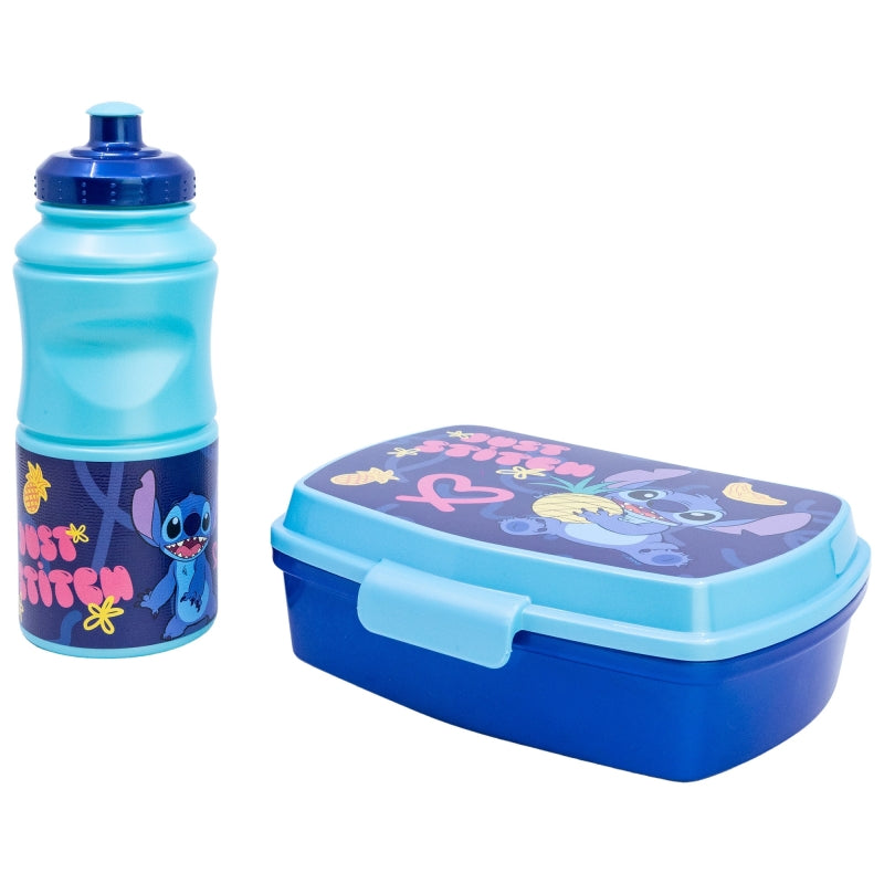 SET VUELTA AL COLE (SANDWICHERA RECTANGULAR Y BOTELLA SPORT EASY HOLD 380 ML) EN CAJA REGALO STITCH PALMS - Imagen 1